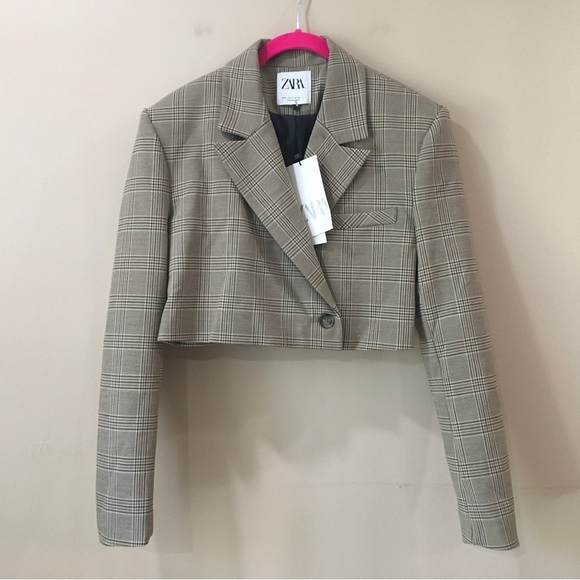 Zara Crop Blazer Jacket Plaid Tan Brown Boxy Blogger Preppy Size XS - Picture 2 of 8